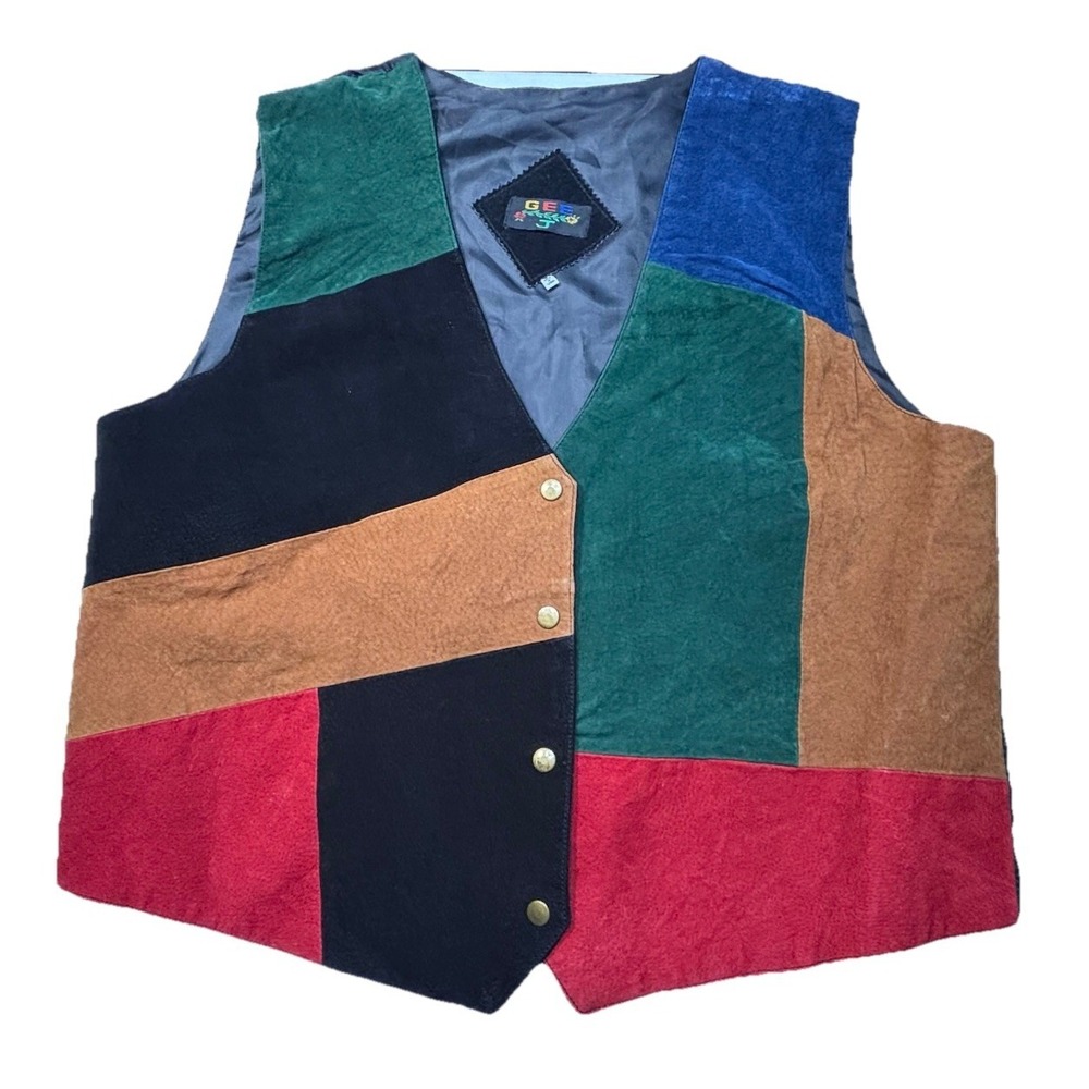 Vintage Gee J 3X Suede Patchwork‎ Vest Colorblock Western Boho Genuine Suede